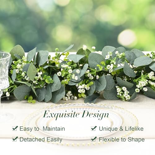 Waipfaru 8Pcs Eucalyptus Garland, 5.9FT Greenery Garland, Green Garland with Flowers, Artificial Faux Silver Dollar Eucalyptus Leaves Vines for Table Home Wedding Mantle Party Indoor Outdoor Decor - color: Eucalyptus Garland, size: 8Pcs