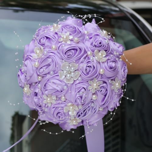 Bridal Wedding Bouquet with Pearl Brooch Bouquet for Bride Bridesmaid Quinceanera Satin Rose Flower Bouquet Wedding Light Purple 8.7in - color: Light Purple