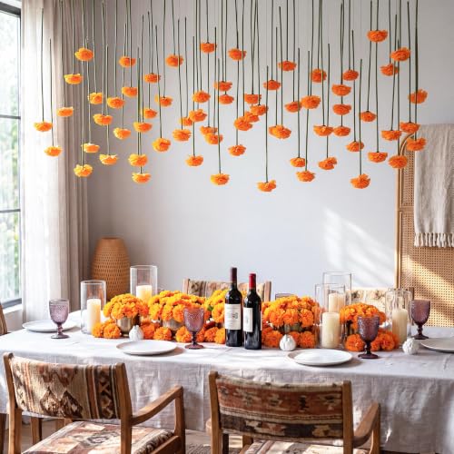 12 Pack 5 ft Artificial Marigold Flowers Hanging Garland Decorations Orange Marigold from Ceiling Dangling Faux Floral Vine Strings with Hook for Wall Autumn Party Day of the Dead Decor - color: Orange Color