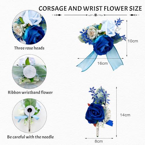 SITUMEIZI 2Pcs Deep Blue Corsage and Boutonniere Set Wrist Corsage Bracelets and Boutonniere for Men Wedding Prom Party Suit Decor - color: Deep-blue