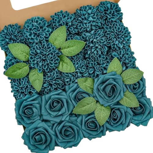 Artificial Flowers, 100pcs Dark Teal Artificial Rose for DIY Wedding Bouquets Centerpieces Arrangements, Dark Teal and Dahlia Flowers with Stem for Bridal Shower Party Home Decorations - color: Dark Teal Rose and Dahlia, size: 100pcs