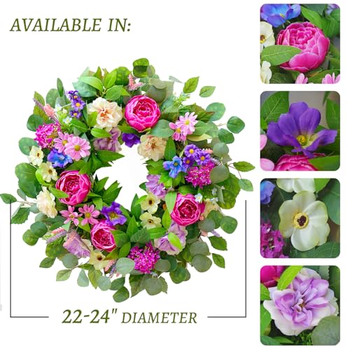 Spring Wreaths for Front Door Outside 24 Inch Spring Door Wreath with Pink Peony,Rose and Blue Hydrangeas, Handmade Silk Summer Wreaths for Front Door Home Wall Window Proch Seasonal Decor - color: Peony