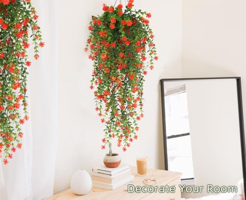 Faux Hanging Plants Hanging Greenery Outdoor Artificial Vines for Outdoors Hanging Plants with flowers Artificial Hanging Plants Indoor Outdoor Wall Garden Wedding Interior Decoration(Orange Red) - color: Orange Red, size: Hanging Plants