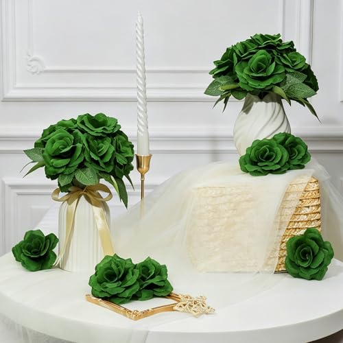 50 Pcs Rose Flower Head, Artificial Flowers Bulk for DIY Crafts, 3in Fake Rose Silk Flower Head wit Stem, Faux Flowers for Decoration, Wedding Home Party Decor Garland Decor (50, Dark Green) - color: Dark Green