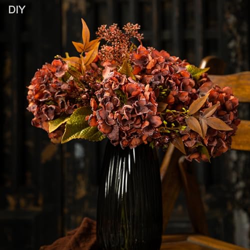 TOPIA Silk Fall Flowers Artificial Silk Dried Hydrangea Flowers Fall Hydrangeas Bouquet Autumn Florals Decorations for Office and Home(6 PCS) (Orange) - color: Orange