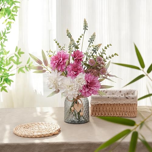 LUEUR Artificial Dahlia Flowers with Vase – Rose Red Faux Flower Arrangement, Romantic Floral Centerpiece Table Decorations for Coffee Table, Dining Room, Living Room & Farmhouse Spring & Summer Decor - color: Rose Red