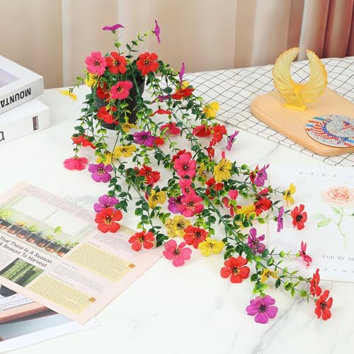 FAVOWREATH Fake Plants Hanging Artificial Potted Faux Eucalyptus Plants and Flowers for Modern Boho Farmhouse Bathroom Office Desk Wall Book Shelf Living Room Aesthetic Decor Indoor (Colorful) - color: Colorful