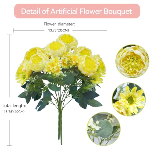Peonies Artificial Flowers, Fake Peony Bouquet, Realistic Faux Peony Silk Flowers for Wedding, Home Décor, and Table Centerpieces – Ideal for Arrangements and Special Occasions 2 Bouquets (Yellow) - color: Yellow