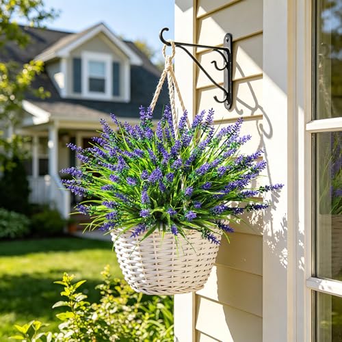 AmyHomie Artificial Plants & Flowers for Outdoors – 16 Bundles Fake Lavender Flowers & Monkey Grass, UV Resistant Faux Greenery for Patio, Porch, Planter, Garden and Window Decor - color: Lavender Purple, size: 16