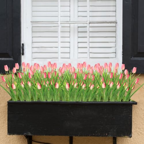10 Bundles Artificial Tulips Flowers Outdoor,16.5 inch UV Resistant Fake Tulips Real Touch Flowers,Faux Tulips Realistic Flowers for Home Garden Outside Wedding Decor (Pink) - color: Pink
