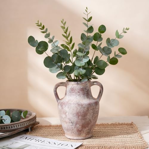 Ceramic Flower Vase with Handles, 8.66 inch Tall Clay Decorative Vases Farmhouse Rustic Vases Pottery Vases for Home Decor Living Room Table Centerpiece Bookshelf Coffee Desk Fireplace, Terracotta - color: 8.66 in - Terracotta