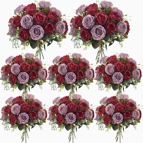Geosar 8 Bundles Artificial Peonies Flowers Fake Silk Peony Bouquet Faux Peonies Flowers Bulk for Decoration Vase Floral Arrangements Wedding Party Table (Wine Red,Gray) - color: Wine Red, Gray