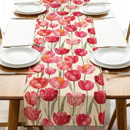 Watercolor Tulip Flower Dining Table Runner, Spring Summer Red Pink Floral Burlap Kitchen Decoration, Seasonal Indoor Outdoor Home Decor Party Supply 13 x 72 Inches - color: Tulip, size: Table Runner 13''X72''