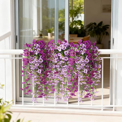 Fake Artificial Flowers for Outdoors, 4 Pcs Faux Hanging Pansy Flowers Spring Summer Decor, UV Resistant Fake Plants Silk Flower for Planter Front Door Porch Patio Yard Garden(Gradient Purple Red) - color: Gradient Purple Red