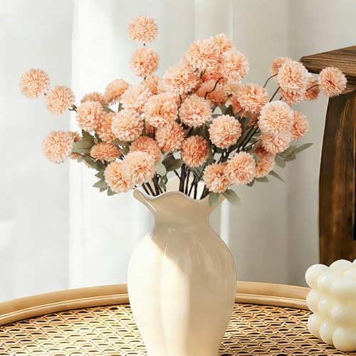 INQCMY Artificial Flowers 12 Pcs Fake Chrysanthemums Faux Kiku Flower Long Stem 20" Realistic Silk Pompon Mums for Vase Wedding Bouquets Centerpieces Home Decor (Light Orange) - color: Light Orange