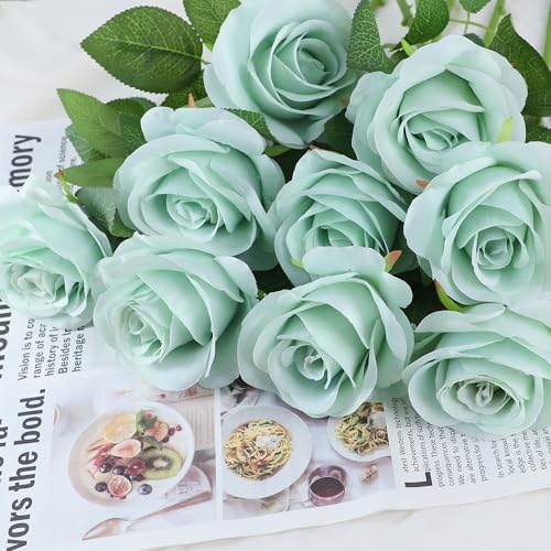 JUSMAI 12pcs Roses Artificial Flowers Real Touch Fake Flowers with Long Stems Silk Flowers for Wedding Bouquet Centerpices Decorations Party Bridal Baby Shower Home Decor (Sage Green) - color: Sage Green, size: 12PCS