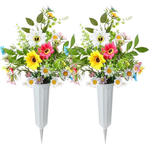 Thiccywoov 2 Set Artificial Daisy Cemetery Flowers with Vase Multicolor Artificial Daisy Bouquet Silk Graveyard Memorial Flowers for Spring Summer Cemetery Headstones Decoration - color: Multicolored, size: Daisy