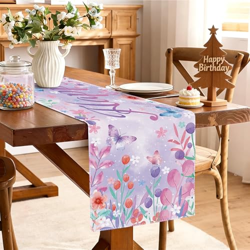 Happy Birthday Table Runner, Purple Lavender, 72x13 Inch | Butterfly Floral Design