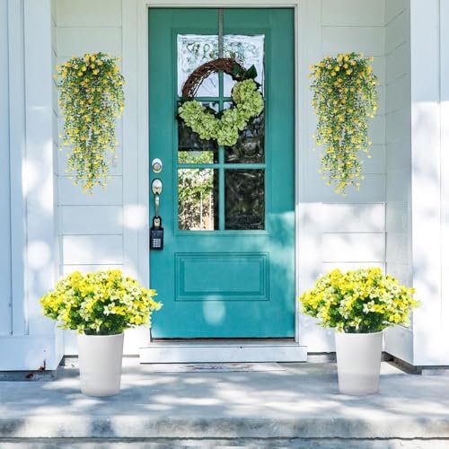 Artificial Hanging Flowers for Outdoor Indoor Decor , 6 packs Fake Eucalyptus Vine Faux Flower Greenery Garland Plastic Plants Outside UV Resistant Wall Garden Wedding Home Party Decor (Yellow) - color: Yellow
