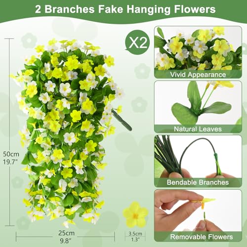 Artificial Fake Hanging Flowers for Outdoors, 2 Pcs Artificial Hanging Plants Outdoors Spring Summer Decor, UV Resistant Faux Violet Silk Flowers for Planters Front Door Yard Garden(Yellow White) - color: Yellow White