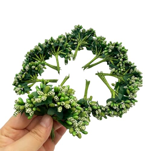144pcs Artificial Mini Flower Stamen Pistil and Soft Stem,20mm Tiny Berry for DIY Make Bridal Hair Clips,Cake Top,Wrist Corsage Boutonniere,Candle Rings Wreath Bracelet Flower (Dark Green) - color: Dark Green
