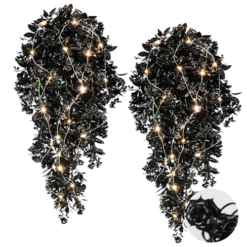 RECUTMS 2Pcs Artificial Black Hanging Flowers with Lights for Outdoor Decoration Fake Hanging Plants Vines with 30 LED String Light for Halloween Gothic Home Porch Wall Party Decor（Lights Black） - color: Lights Black-rose