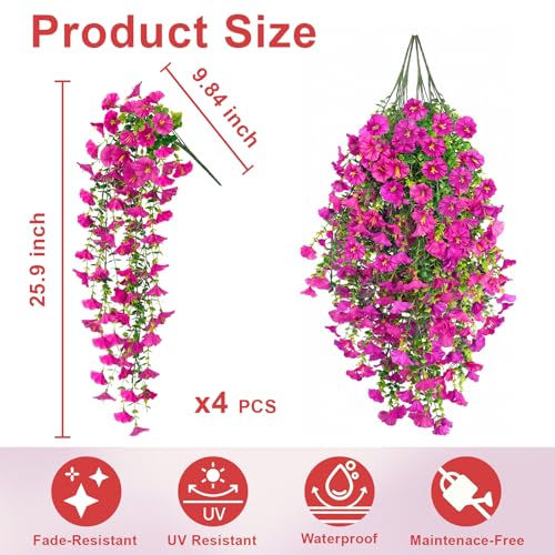 Artificial Hanging Flowers for Outdoor, 4Pcs UV Resistant Faux Morning Glory Flower Spring Summer Decroation, No Fade Fake Flower Trailing Vine for Porch Patio Balcony Yard Garden (Light Purple) - color: Lotus