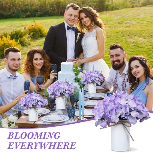 Zeyune Purple 12 Sets Wedding Flower Table Centerpieces Artificial Hydrangeas with Rustic Metal Vase Fake Hydrangea Flowers in Pot Floral Arrangement for Wedding Bridal Tea Party Table Home Decor - color: Purple