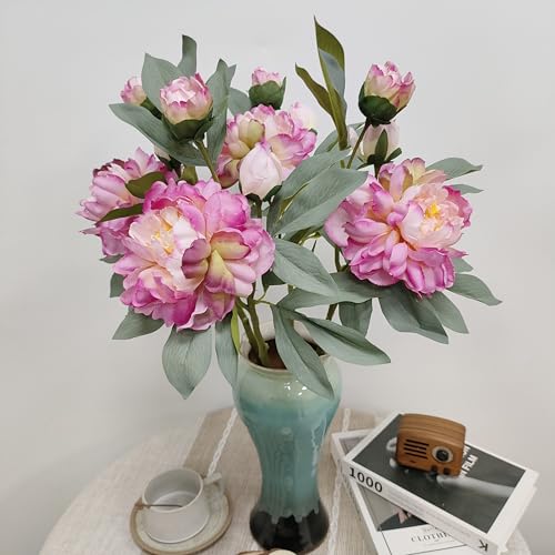 Purple Pink Peonies Artificial Flowers,4 Pcs Fake Silk Peonies with Stems Real Look,Peony Bush for Home Decor (4, Purple Pink) - color: Purple