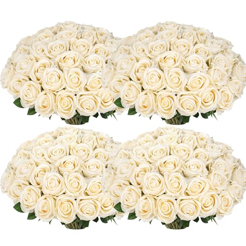 100 PCS Fake Champagne Roses, Artificial Champagne Flowers Bulk Realistic Silk Faux Rose with Stems for Wedding Decoration Anniversary Bridal Bouquet DIY Floral Arrangement Romantic Home Decor Gifts - color: Champagne, size: 100 Pcs