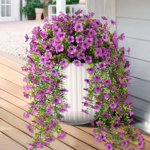 Hommyea Artificial Hanging Flowers for Outdoors, 2 Pcs Fake Hanging Plants Spring Summer Decor, UV Resistant No Fade Faux Silk Daisy Flower for Planter Front Door Porch Patio Yard Garden(Purple) - color: Purple