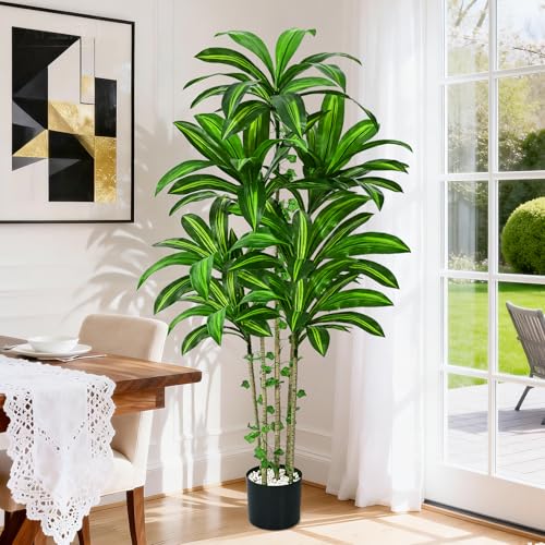 Dolicer 5FT Tall Look Real Artificial Dracaena Tree Indoor with Black Planter, Realistic Artificial Fake Faux Indoor Plants with Natural Trunk and Lifelike Leaves for Home Office Living Room - size: 5FT