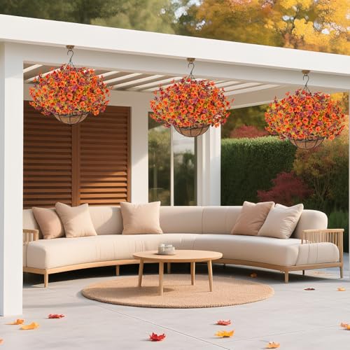 2 Pack Fall Artificial Hanging Flowers Baskets for Outdoors, UV Resistant Fake Fall Hanging Plants, Faux Orange Flowers for Autumn Patio Front Porch Balcony Decor (Orange Red) - color: Orange Red
