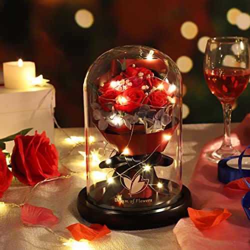 Dream of Flowers Eternal Beauty and the Beast Rose Bouquet - Mothers Day Rose Gifts for Mom, Grandma | Glass Dome Rose with 2 Light Modes, Sentimental Floral Gift, Birthday Gifts for Women - color: Classic Red Rose