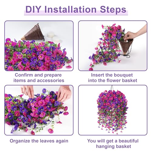 Artificial Hanging Flowers with Basket, 480 Blooms UV Resistant Faux Morning Glory Silk Plants, Fast & Easy Assembly Fake Hanging Baskets for Outdoor Porch Patio Garden Decor, Fuchsia&LightPurple - color: Fuchsia&lightpurple