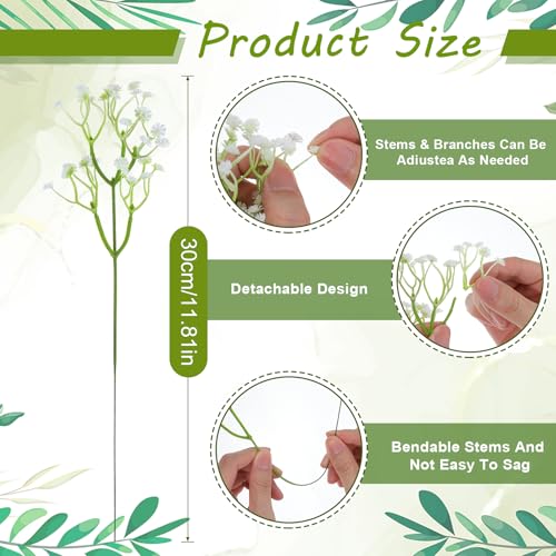 Grevosea 120 Pcs Baby Breath Artificial Flowers - White Green Gypsophila Babies Breath Flowers Artificial Bulk Faux Flower Bouquet Flores Greenery Real Touch Arrangements Wedding Tables Decorations