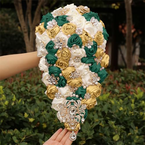 Handmade Satin Rose Water Drop Bridal Bouquet,8.7inch Crystal Wedding Round Tossing Bouquet,Jewelry Proposal Bridesmaid Bouquet Groom Corsage Bride Wrist Flower ivory (07#Ivory Darkgreen Gold) - color: 07#ivory Darkgreen Gold