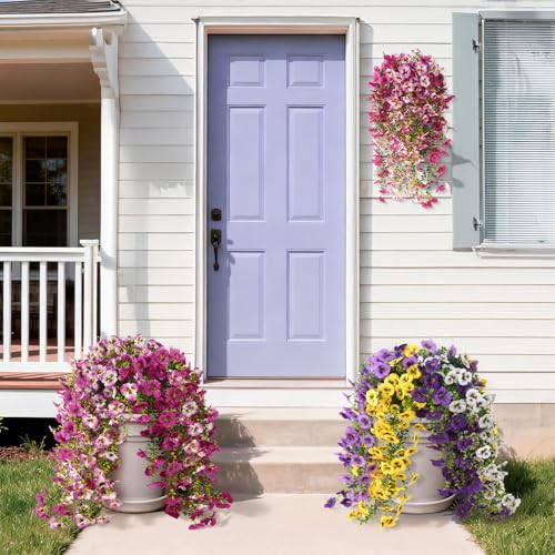 Fake Artificial Flowers for Outdoors, 4 Pcs Faux Hanging Pansy Flowers Spring Summer Decor, UV Resistant Fake Plants Silk Flower for Planter Front Door Porch Patio Yard Garden(Gradient Double Pink) - color: Gradient Double Pink