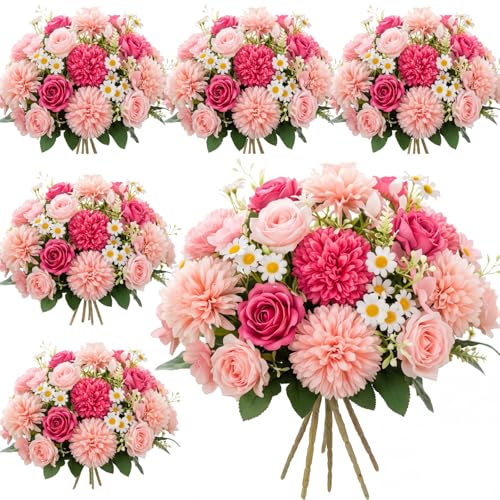 Tigeen 6 Pcs Bundles Artificial Bouquet Flowers Artificial Peonies Faux Roses Hydrangea Flowers Bouquet for Wedding Table Centerpiece Floral Vase Decor (Pink,Magenta) - color: Pink, Magenta