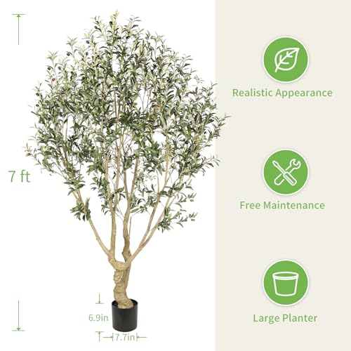 Realead Faux Olive Tree 7ft - Large Artificial Olive Tree Indoor with Realistic Leaves and Olives - Full and Grand Design Fake Olive Tree with Sturdy Base for Indoor Home Office Decor - size: 7FT