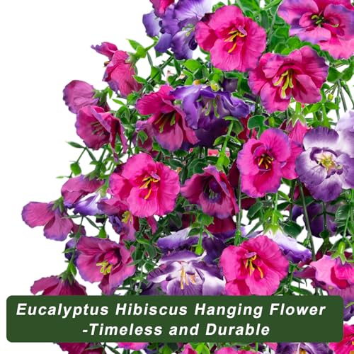 Artificial Hanging Flowers for Outdoors Decor, Fake Silk Hibiscus Long Trailing Vines UV Resistant Realistic Flowers Plants for Outside Front Door Porch Patio Balcony (Fuchsia + Purple, 2 pcs) - color: Fuchsia + Purple, size: 2 pcs