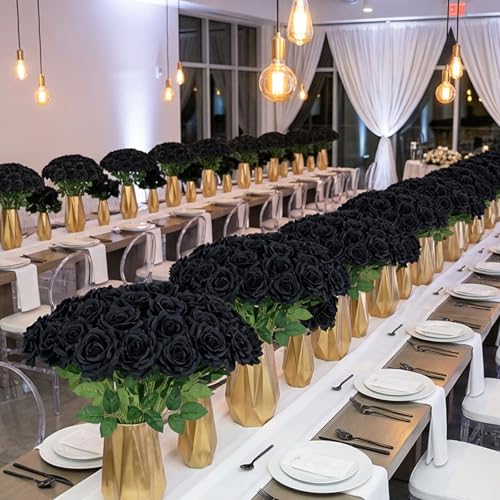 Black Roses Artificial Giant Flowers,50PCS 4 Inch Large Fake Roses Bulk - color: Black
