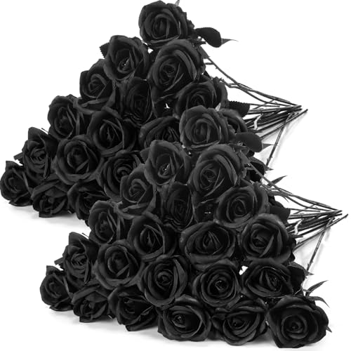 Hotop 40 Pcs Rose Artificial Flowers Bulk with Long Stem,Realistic Silk Fake Roses Bouquet for Home Wedding Centerpieces Party Table Decoration Valentines Gifts(Solid Black) - color: Solid Black