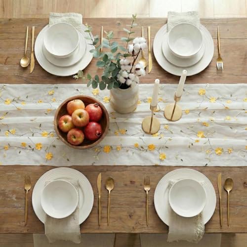 Artoid Mode Yellow 3D Flower Gauze Embroidery Table Runner 120 Inch 10FT, Tulle Seasonal Spring Kitchen Dining Holiday Table Decor for Home Party - color: White-yellow