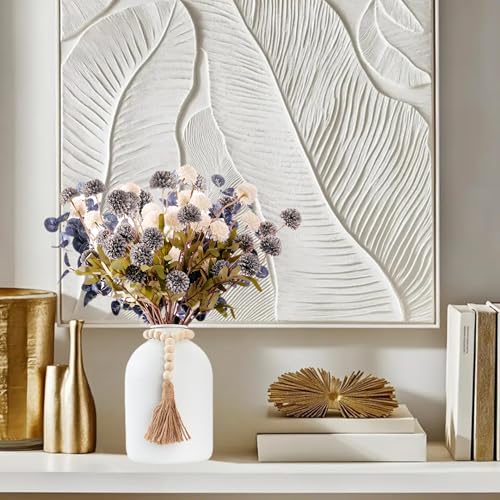 20''H Fake Flowers in Large Vase for Centerpiece Table Decorations with 10Pcs Fake Mums Flowers Eucalyptus Stems Faux Pompon Kiku Flowers Arrangement for Home Decor (Blue/White Vase) - color: Blue/White Vase