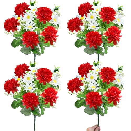 44 Heads Artificial Flowers for Outdoors, 4 Bunches 17 Inch Dahlia Daisies Mum Fake Plants UV Resistant Faux Flower Bouquet Cemetery Flowers for Grave Spring Summer Decor Mothers Day Indoor Home (Red) - color: Red