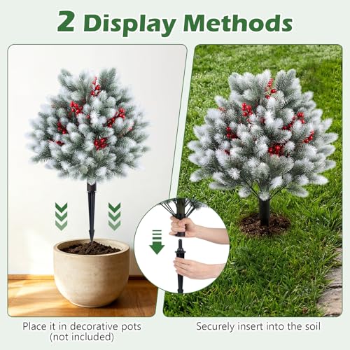 Goplus Artificial Cedar Topiary Ball Trees Set of 2, 27.5" Faux Pine Needle Bushes with Ground Spikes, Sun-Resistant Indoor Outdoor Fake Shrub Plants for Front Porch, Patio, Yard Winter Decor - color: Cedar