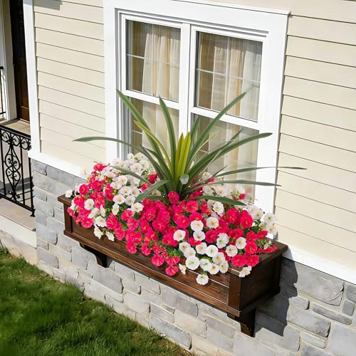 Artificial Flowers for Outdoors Fake Plants Outside, 12 Bundles Silk Morning Glory with Eucalyptus + Orchid Leaf UV Resistant Realistic Faux Flowers for Porch Planter Garden Patio (White Hot Pink) - color: White+hot Pink