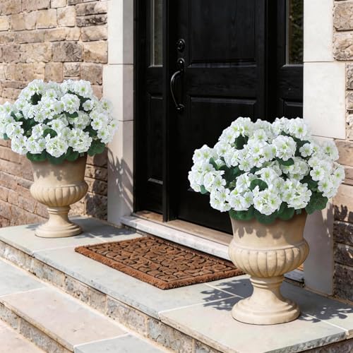 GLIDLION 12 Bundles Artificial Geranium Flowers for Spring Summer Decor, UV-Resistant Fake Plants Realistic Faux Silk Bouquets for Front Door Farmhouse Garden Porch Home Outdoor Decor (White) - color: White