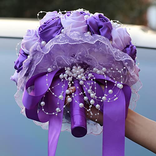 Purple Bridal Wedding Bouquet with Rhinestone Brooch Pearl Bouquet for Bride Bridesmaid Quinceanera Satin Rose Flower Bouquet Wedding Purple and Lilac 8.7in - color: Purple and Lilac (Standard Size: Dia.8.7")